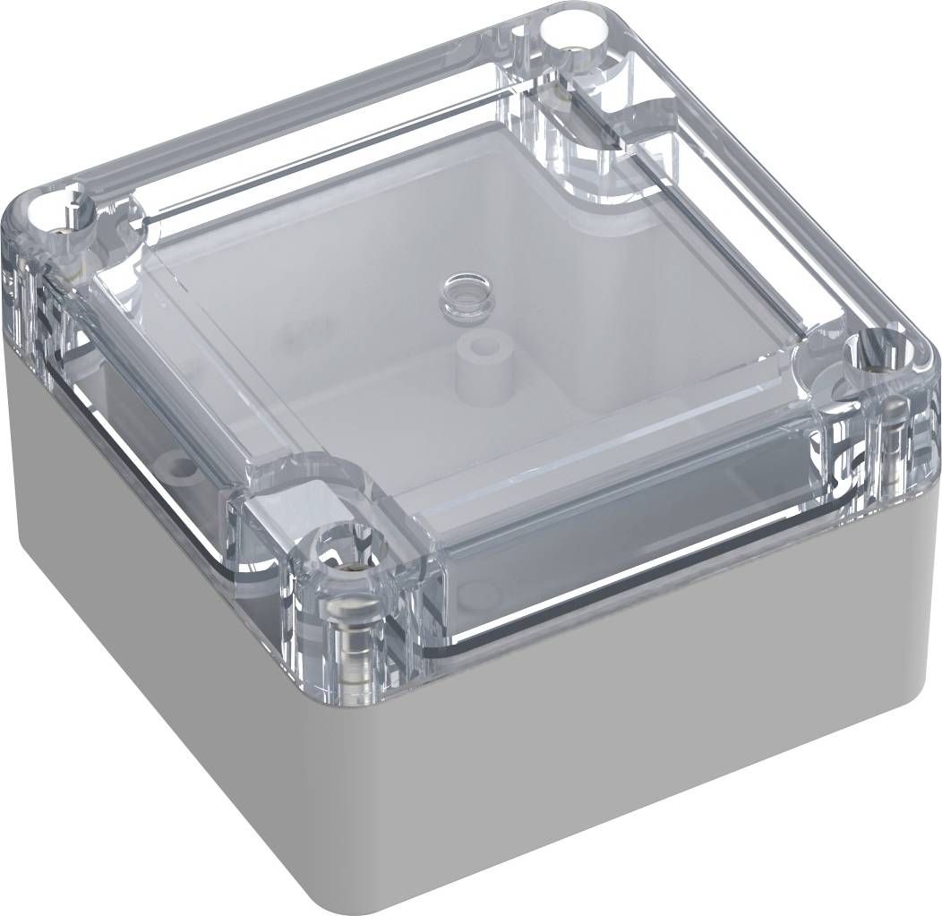 Un boîtier en plastique transparent, carré, doté de quatre trous de vis aux angles, utilisé pour protéger des composants électroniques.