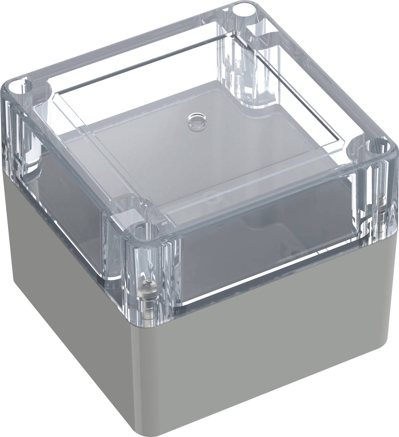 Un boîtier électrique en plastique translucide de forme carrée avec un couvercle transparent, conçu pour protéger les connexions de câblage.