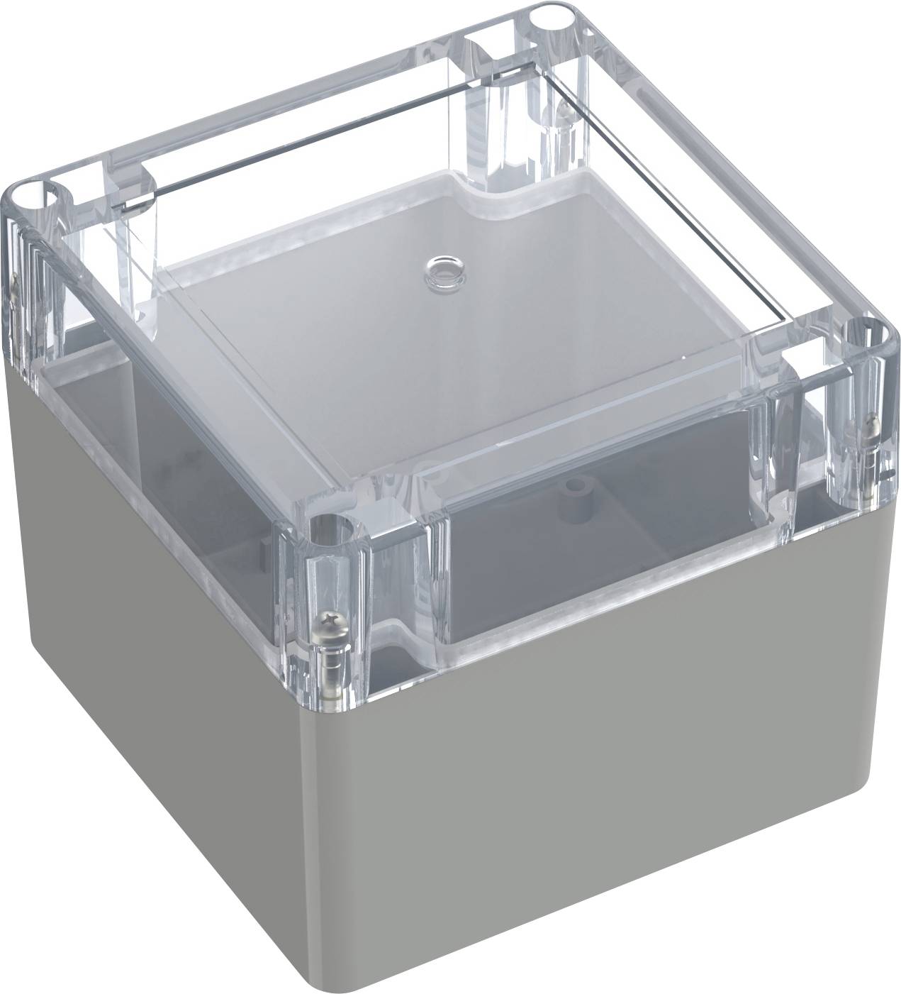 Une boîte carrée en plastique transparent avec un couvercle transparent et une base grise, utilisée pour ranger de petits objets ou protéger du matériel.
