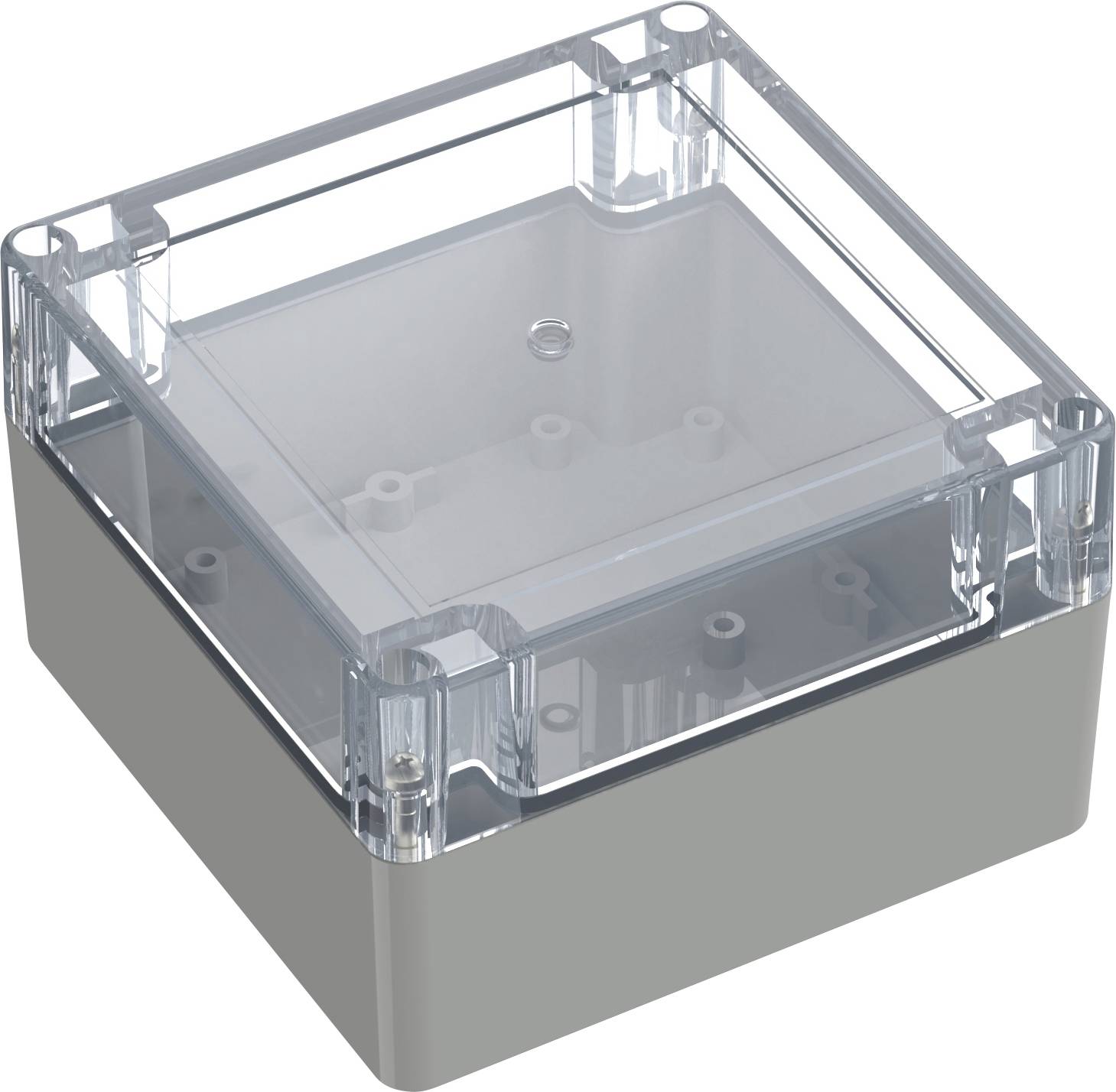 Un boîtier électrique en plastique transparent et gris, doté d'un couvercle à charnières, conçu pour abriter et protéger des composants électriques.