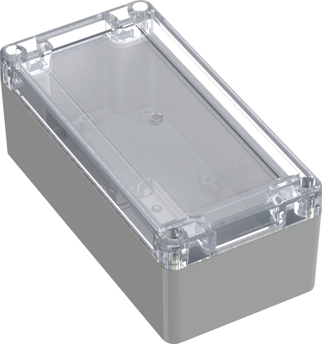 Un boîtier rectangulaire en plastique transparent avec un couvercle translucide et des détails métalliques, utilisé pour abriter des composants électroniques, vu en perspective.