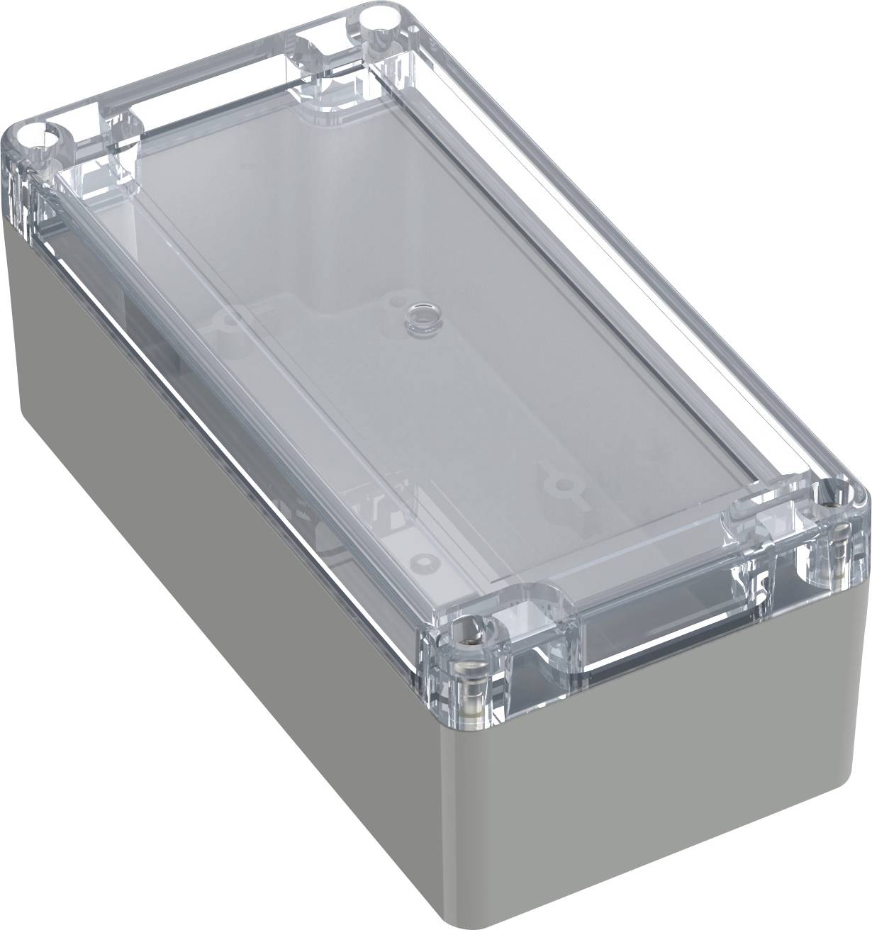 Un boîtier électrique rectangulaire en plastique transparent et gris, utilisé pour abriter des câbles ou des composants électroniques, présentant des vis sur les coins.