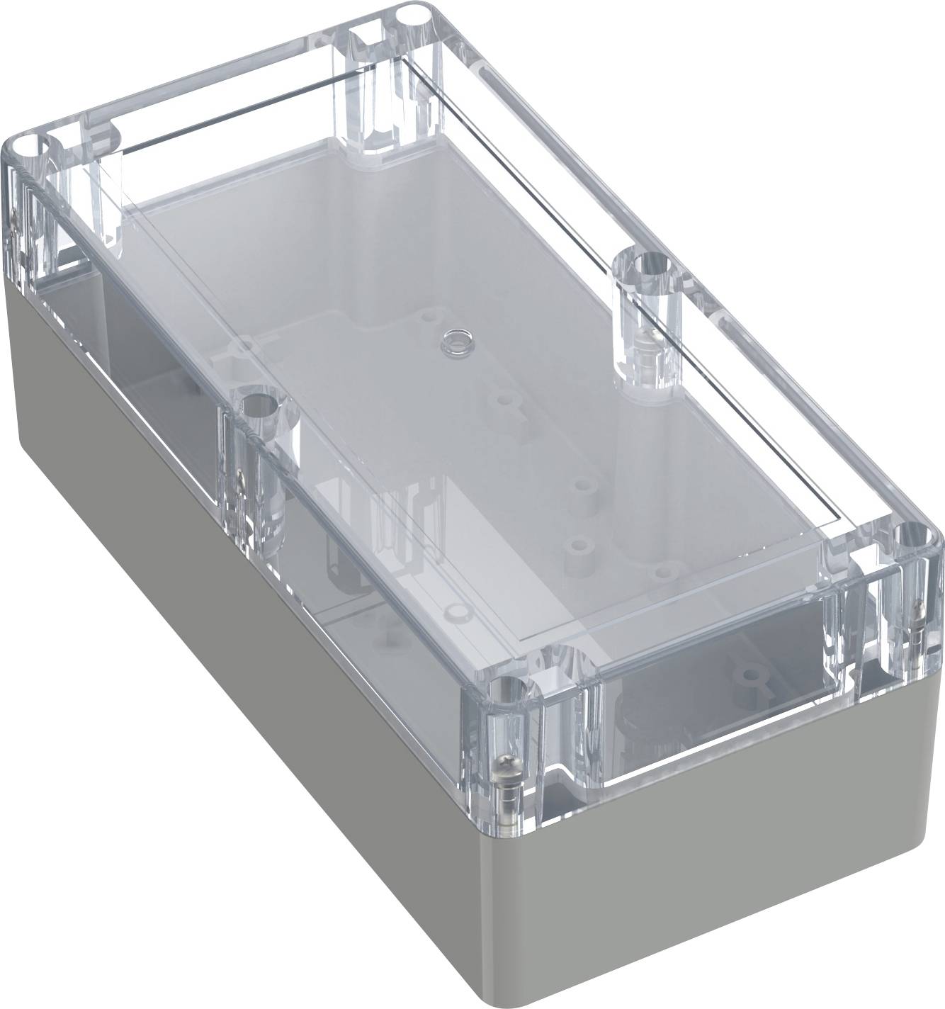 Un boîtier en plastique transparent avec un couvercle amovible en plastique clair, comportant plusieurs trous de vis.