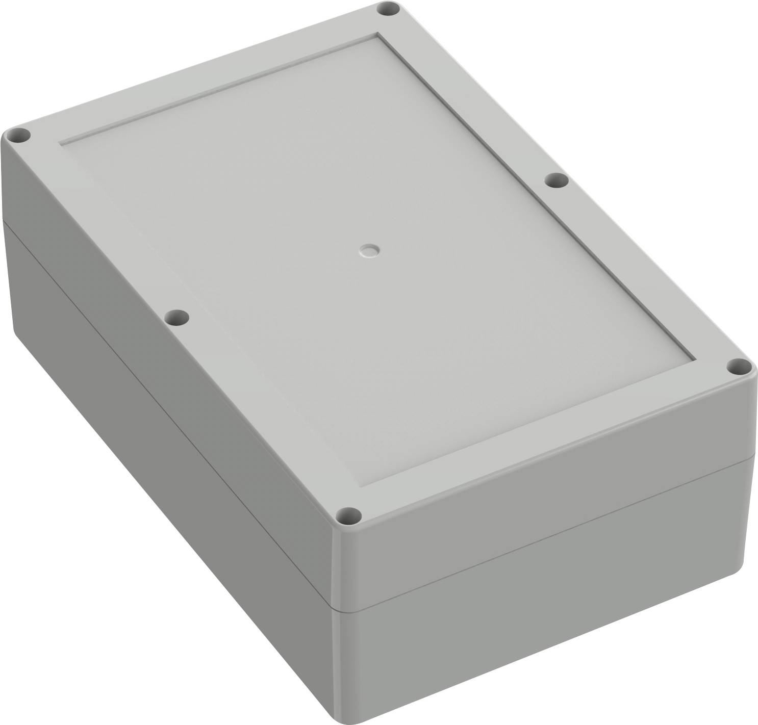 Un boîtier électronique rectangulaire gris avec une surface lisse et quatre vis d'angle, utilisé pour loger des composants électroniques.