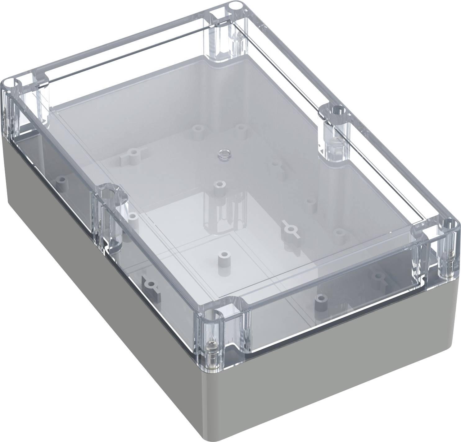 Un boîtier rectangulaire transparent en plastique avec un couvercle transparent et des côtés fermés, conçu pour abriter des composants électroniques ou des circuits.