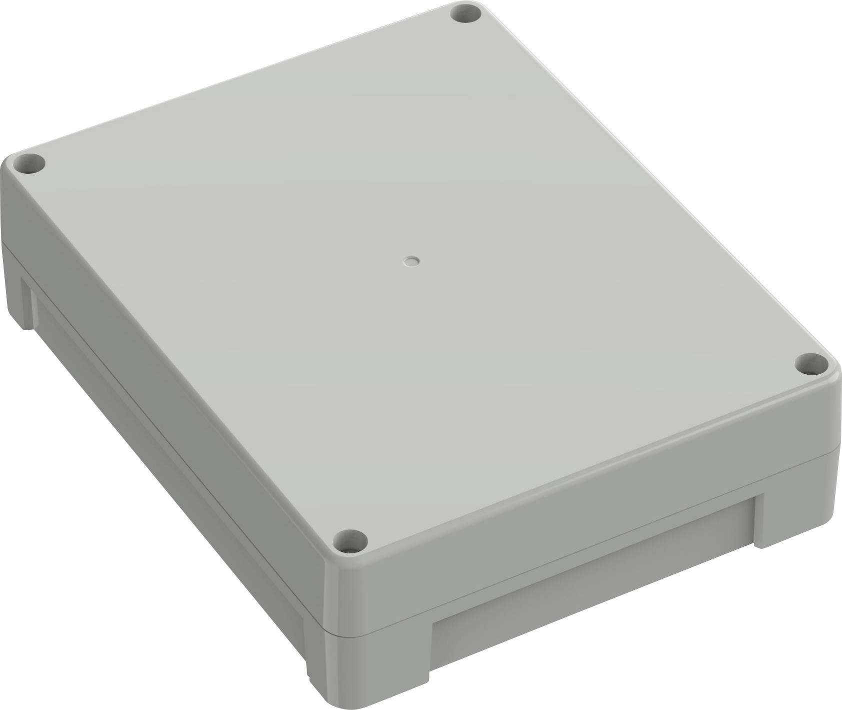 Un boîtier électrique en plastique rectangulaire, de couleur gris clair, avec des bords arrondis et des trous de vis à chaque angle.