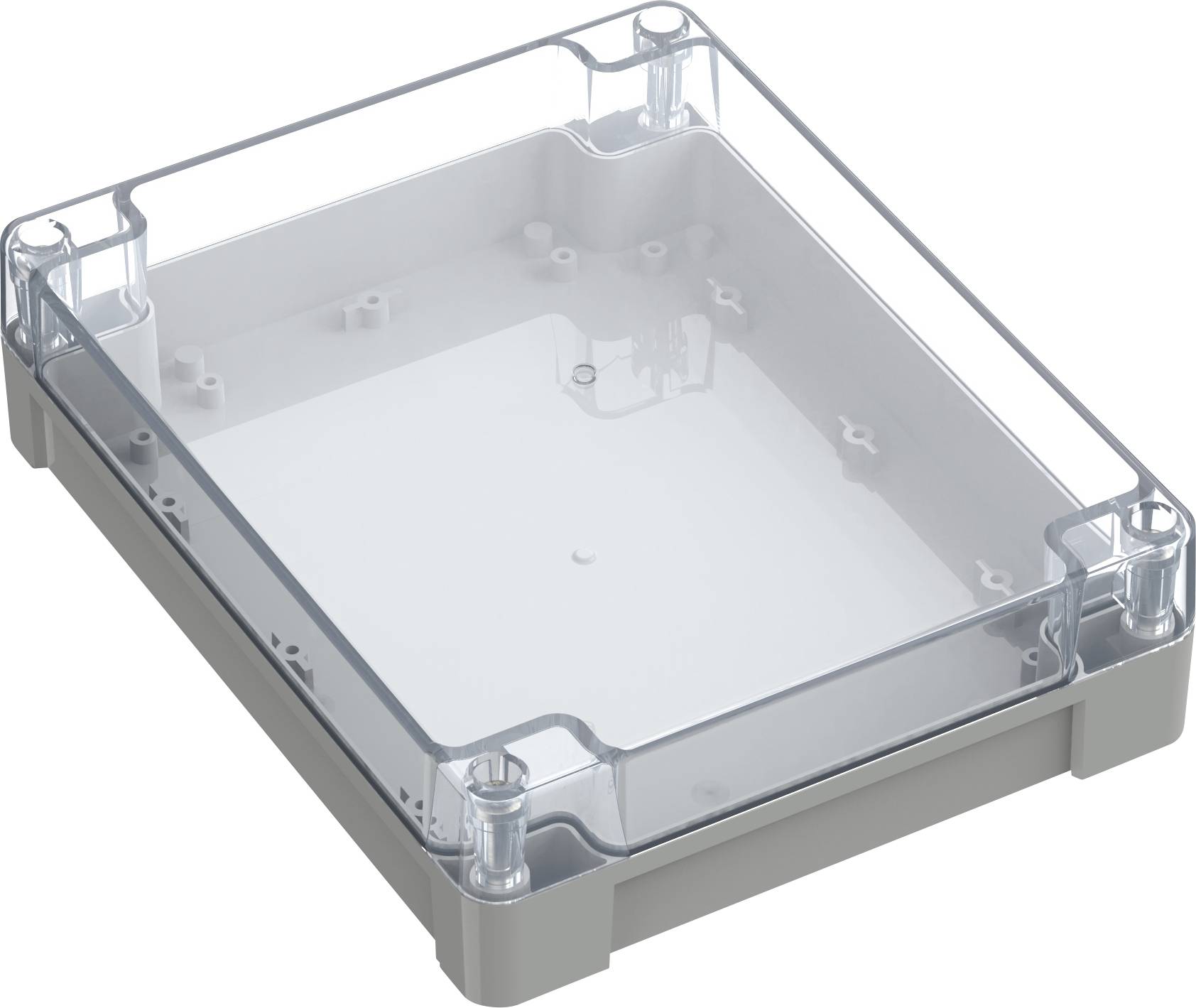 Un boîtier de protection rectangulaire en plastique transparent, avec une base grise, équipé de vis d'angle et doté de bords légèrement surélevés pour une protection optimale.