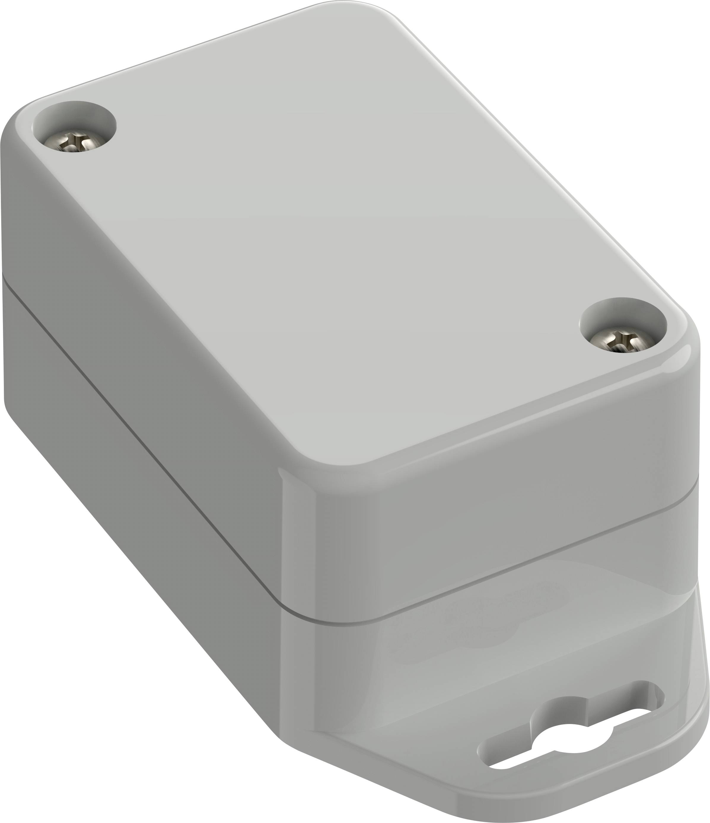 Un boîtier électronique rectangulaire gris à surface lisse, avec des bords arrondis et des vis à deux coins pour la fixation.