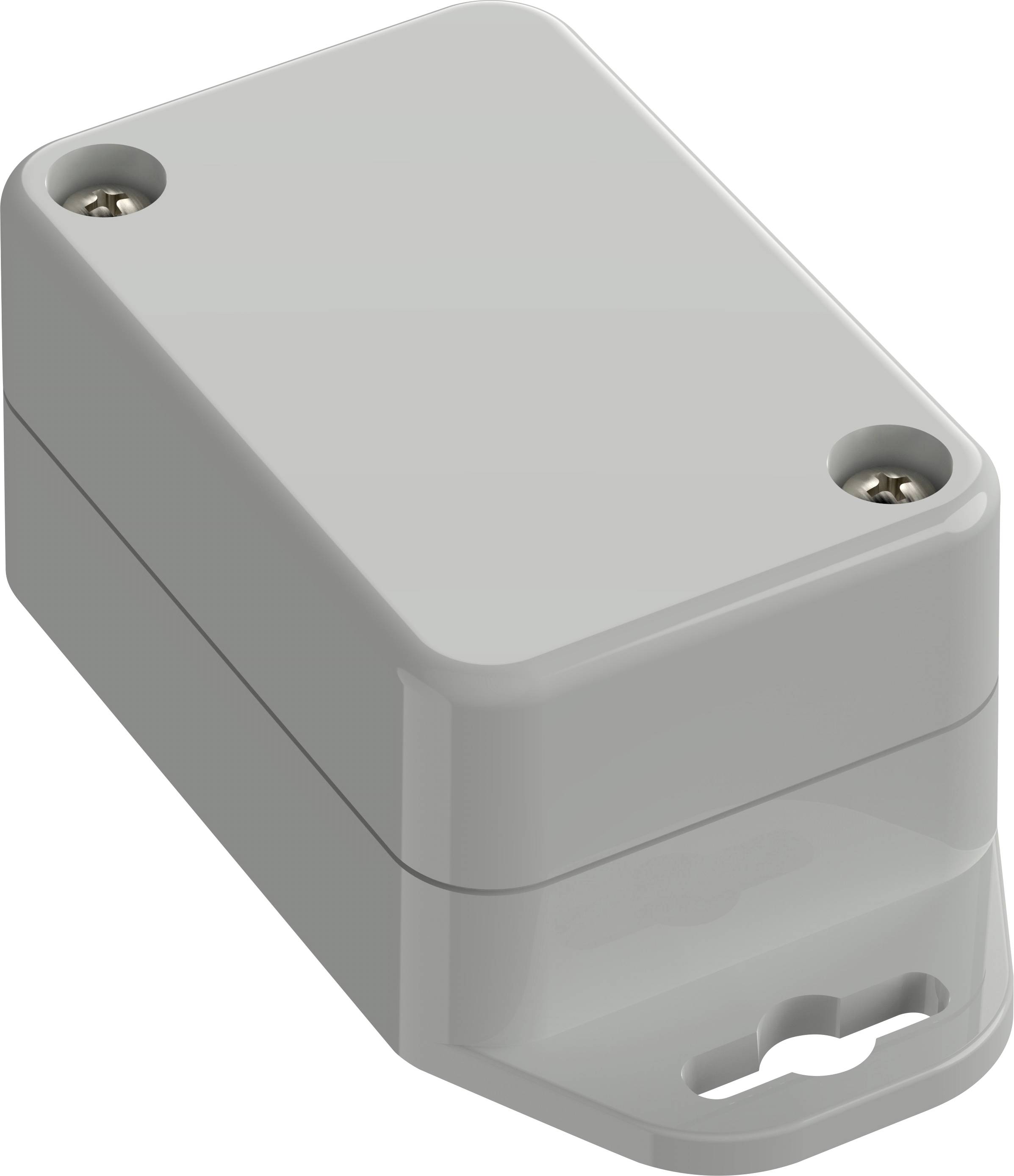 Un petit dispositif rectangulaire gris aux bords arrondis, équipé de deux vis sur le dessus. Il dispose d'un socle de montage avec un trou pour le fixation.