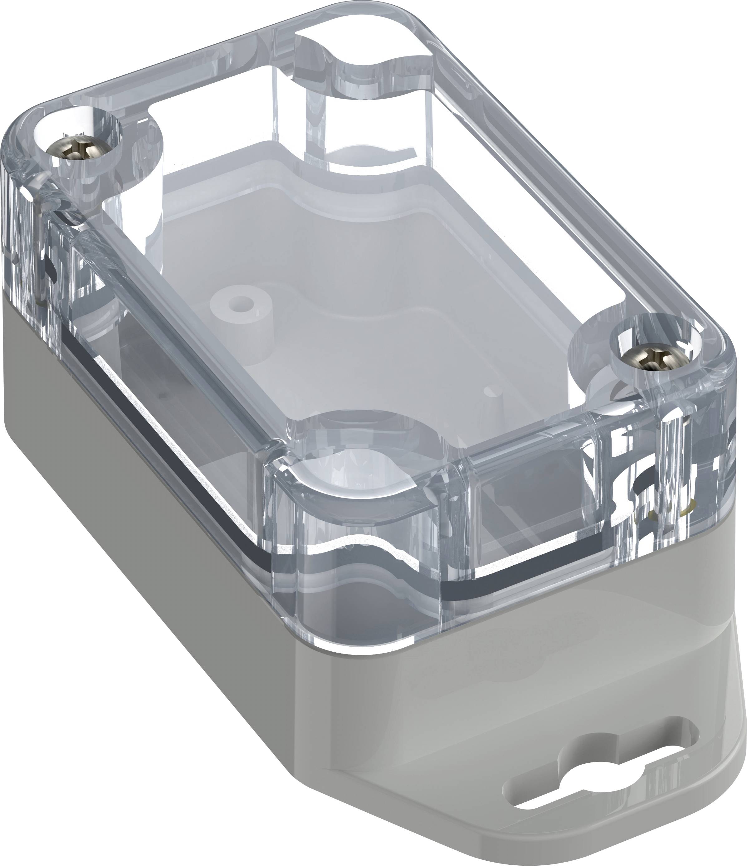 Un boîtier électrique petit, transparent, en plastique avec un couvercle transparent et quatre trous de vis, conçu pour protéger les composants électroniques.