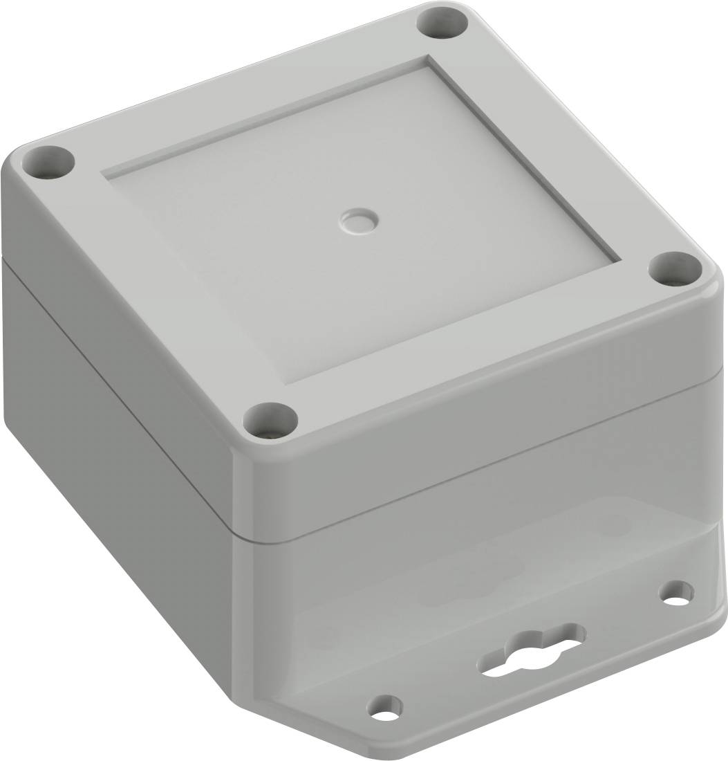 Un petit boîtier rectangulaire en plastique gris, doté d'un dessus plat et de quatre trous de vis aux angles, conçu pour loger des composants électroniques.