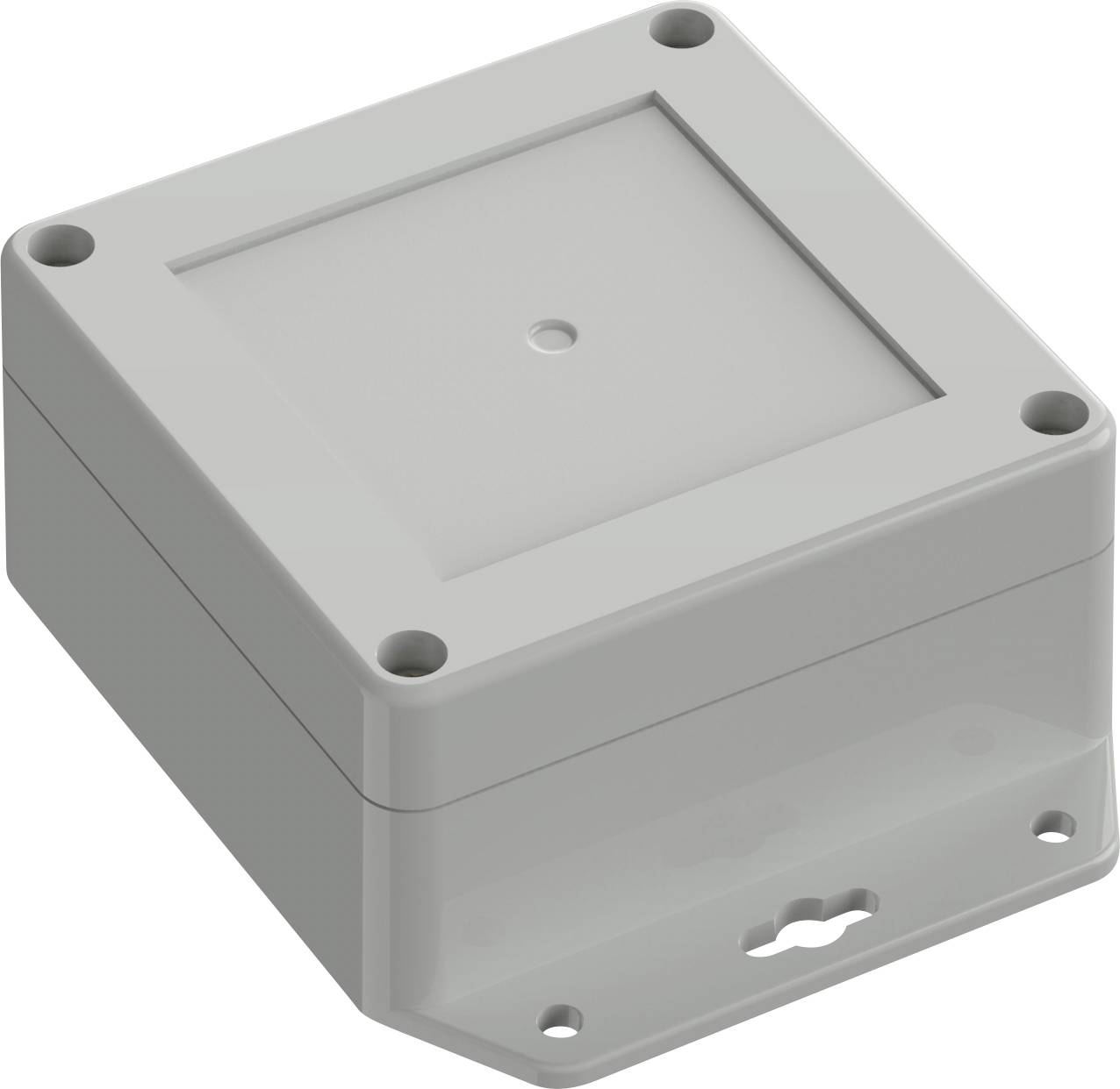Un boîtier électronique rectangulaire gris, doté d'un couvercle plat avec quatre vis d'angle, adapté pour loger des composants de manière sécurisée.