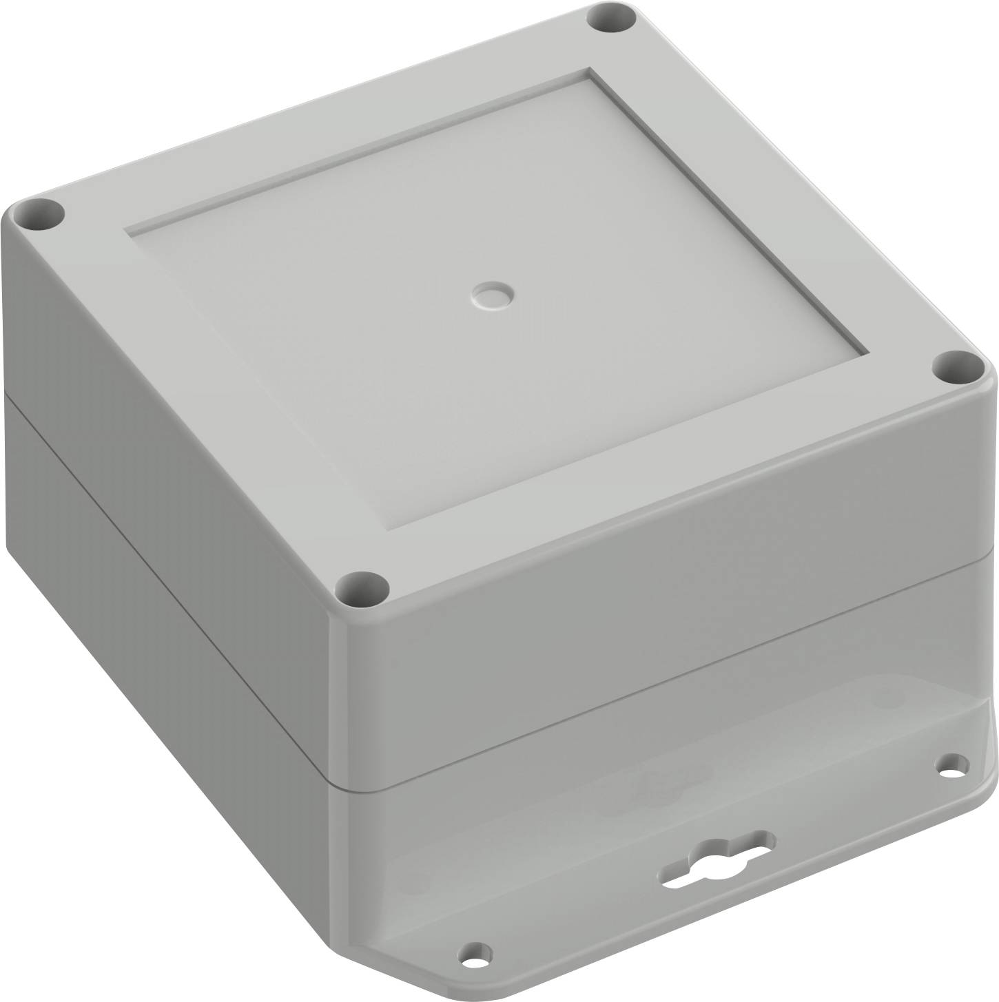 Un petit boîtier électronique carré gris avec un boîtier lisse et des bords arrondis, présentant un petit trou central et des emplacements de vis dans les coins.