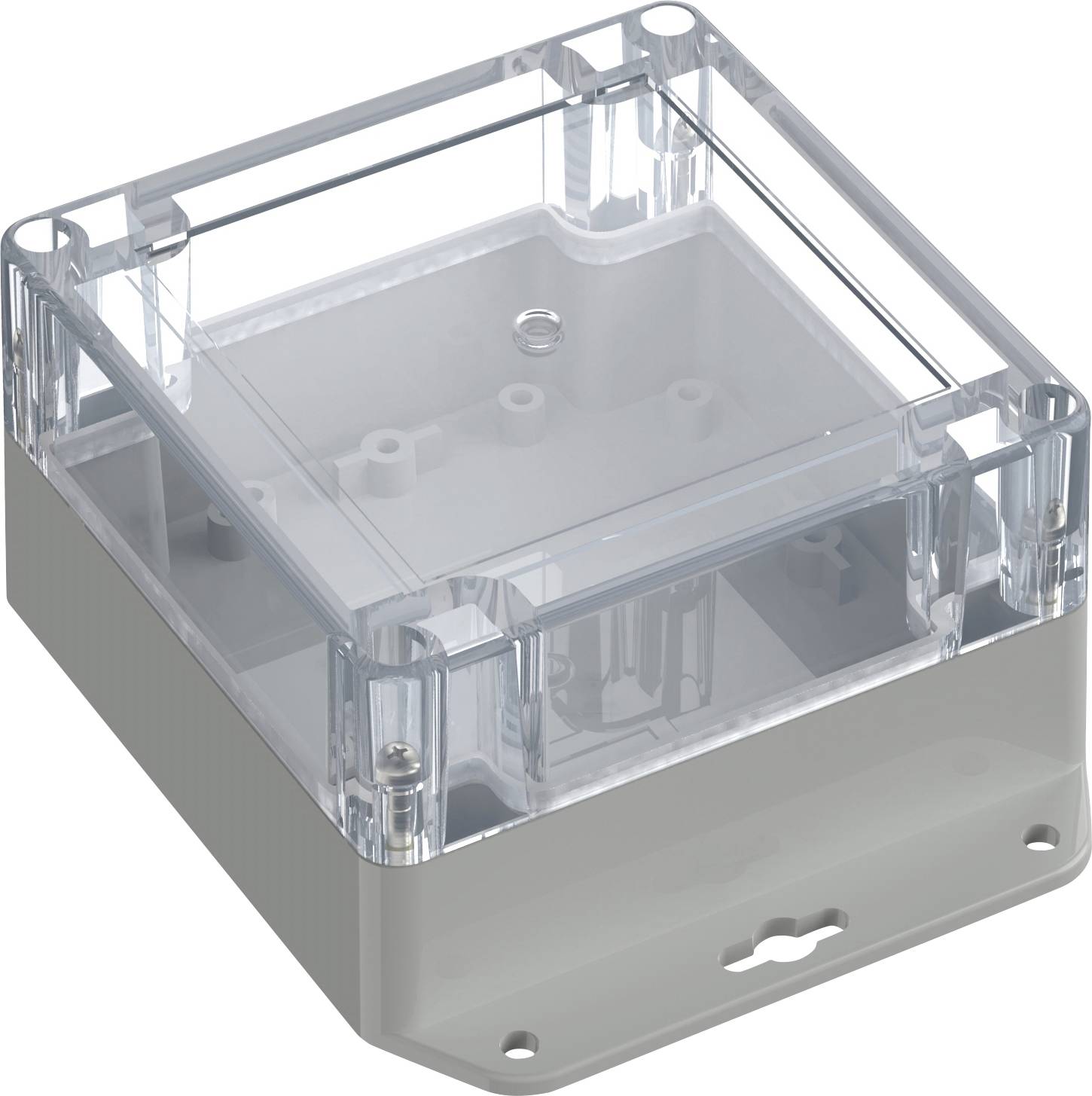Un boîtier de jonction électrique en plastique transparent avec une base grise et un couvercle transparent, présentant des trous de vis pour une fixation murale.