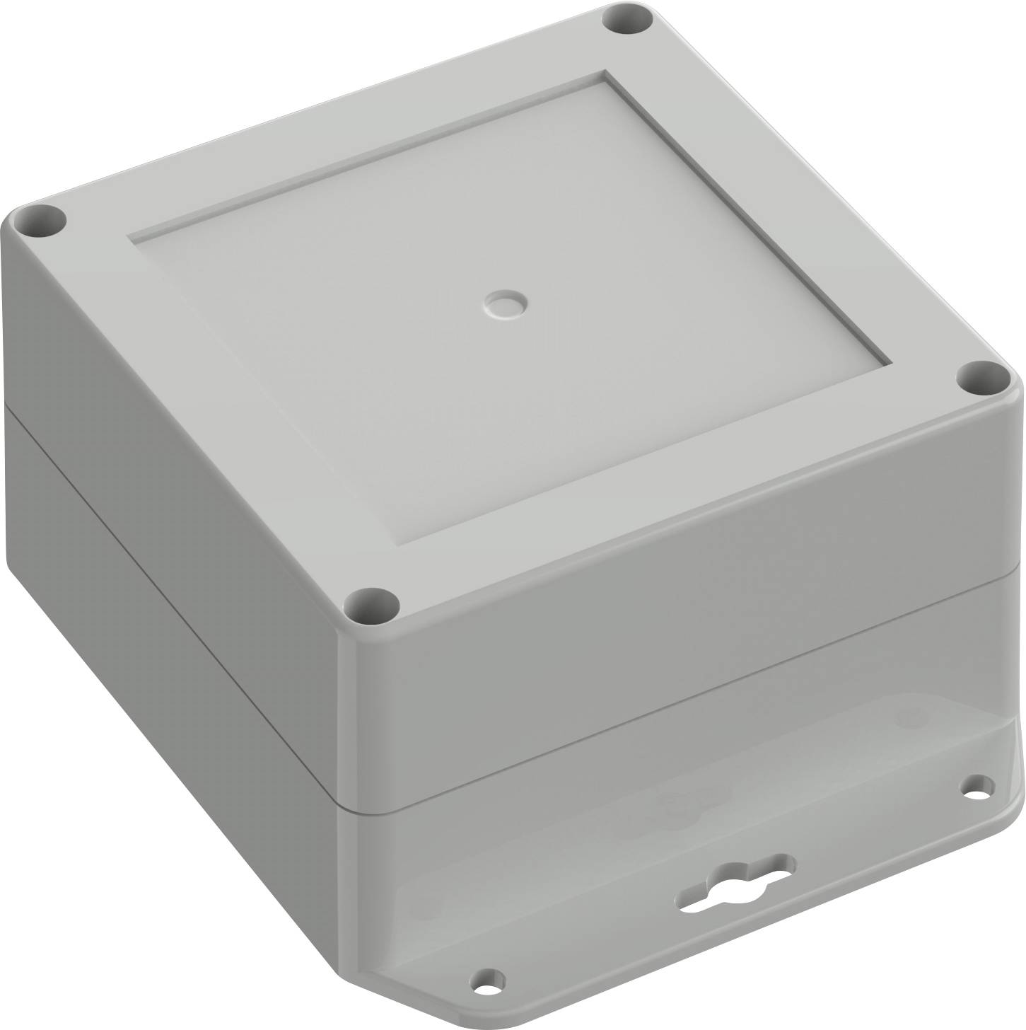 Un boîtier en plastique gris, carré, avec un dessus lisse et des trous de vis ronds aux coins, utilisé pour loger des composants électroniques.