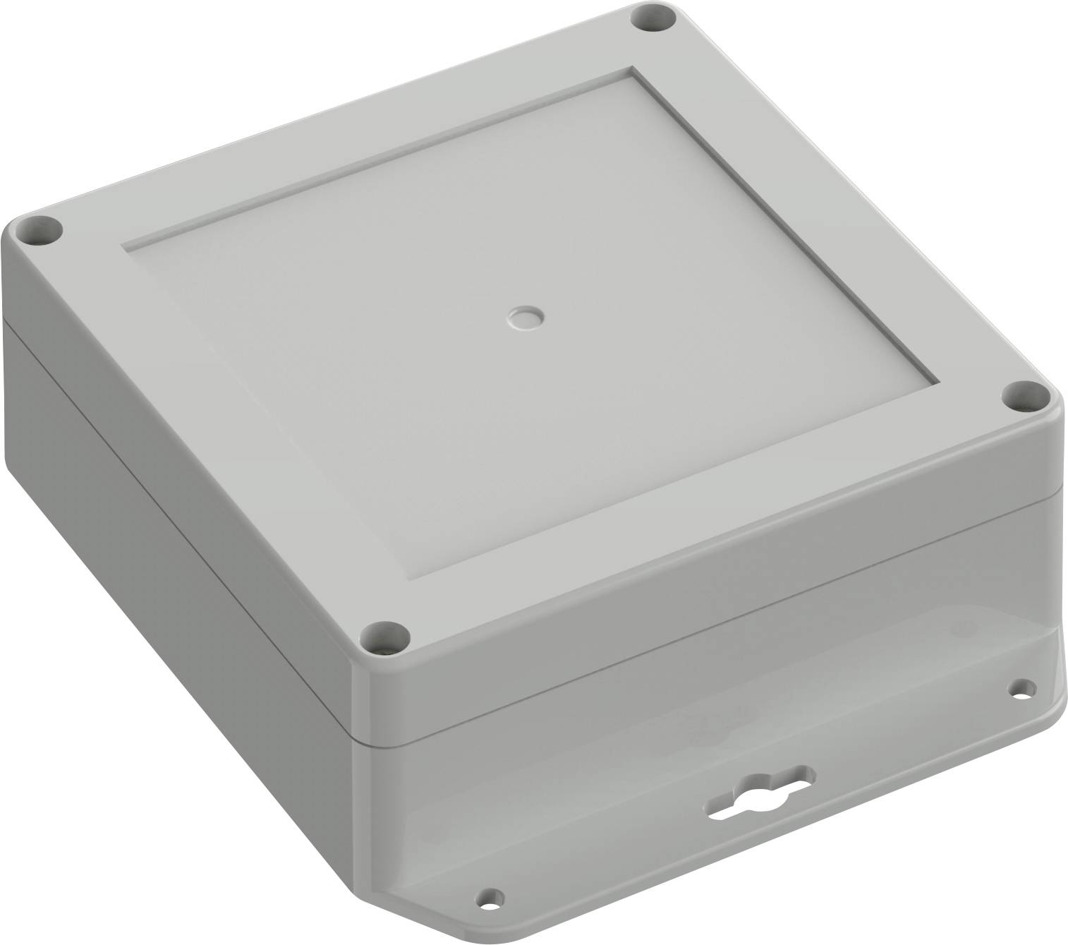 Un boîtier de protection en plastique gris, carré, avec un trou central fileté pour vis et des angles arrondis, adapté pour le logement de composants électroniques.