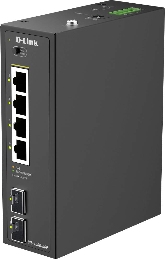 'Commutateur réseau noir D-Link avec quatre ports Ethernet et deux emplacements supplémentaires inférieurs. Les LED sur le dessus indiquent le statut et l'activité.