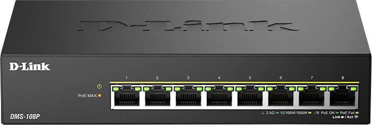 Commutateur réseau D-Link DMS-108P avec 8 ports Ethernet, indicateurs PoE et voyants de statut LED, conçu pour la gestion du trafic de données.