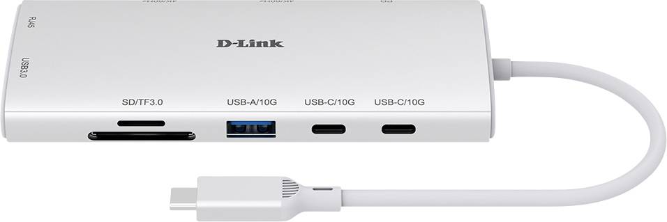 Hub USB-C avec ports SD/TF, USB-A et USB-C. Comprend un câble court intégré. Nom de marque 'D-Link' visible sur le hub.