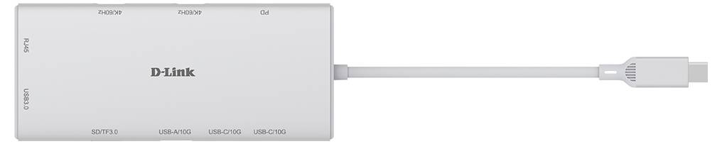 Un adaptateur multi-ports D-Link avec connecteur USB-C, disposant de plusieurs ports d'entrée : carte SD, microSD, USB-A, USB-C, HDMI et Ethernet.