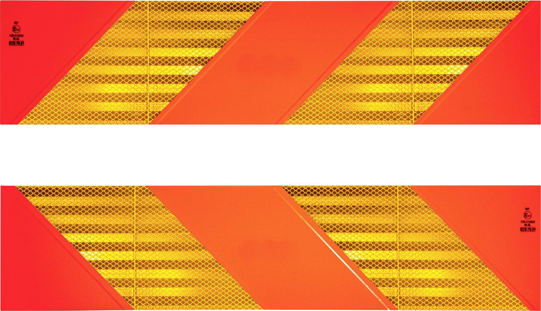 Motif orange vif et jaune avec des rayures diagonales et une bande blanche centrale. Design géométrique audacieux et vibrant.