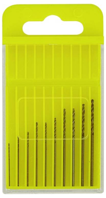 «Un ensemble de 10 forets de petite taille dans différentes dimensions, rangés dans un coffret en plastique jaune.»