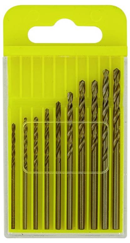 Un ensemble de douze forets à métaux de différentes tailles dans un étui en plastique jaune, utilisés pour percer des matériaux tels que le bois ou le métal.