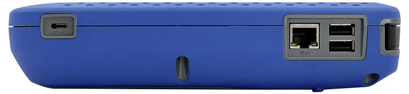 Un appareil électronique bleu avec des ports, incluant USB et Ethernet, sur un côté, utilisé pour la connectivité réseau ou l'interfaçage informatique.