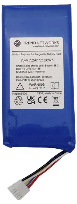 Un pack de batterie rechargeable lithium polymère bleu étiqueté avec les spécifications : « 7,4 V 7,2 Ah 53,28 Wh », accompagné de mises en garde de sécurité et de détails de fabrication.