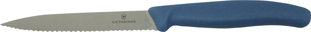 Un couteau dentelé avec un manche bleu est posé sur une surface blanche. La lame porte un logo et le mot « VICTORINOX » imprimé dessus.