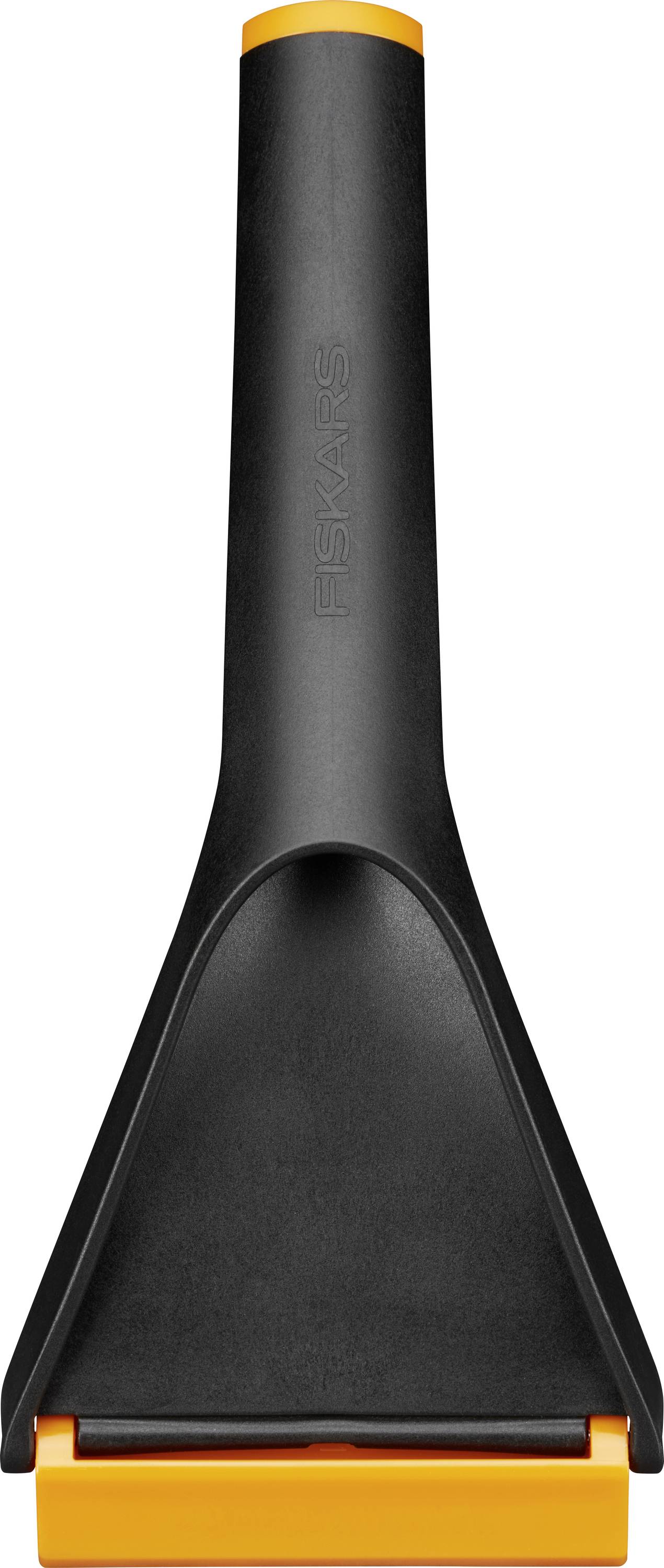 Un gratte-givre noir et orange avec une large lame plate pour enlever la glace des vitres de voiture. Le manche et la lame sont robustes et solides.