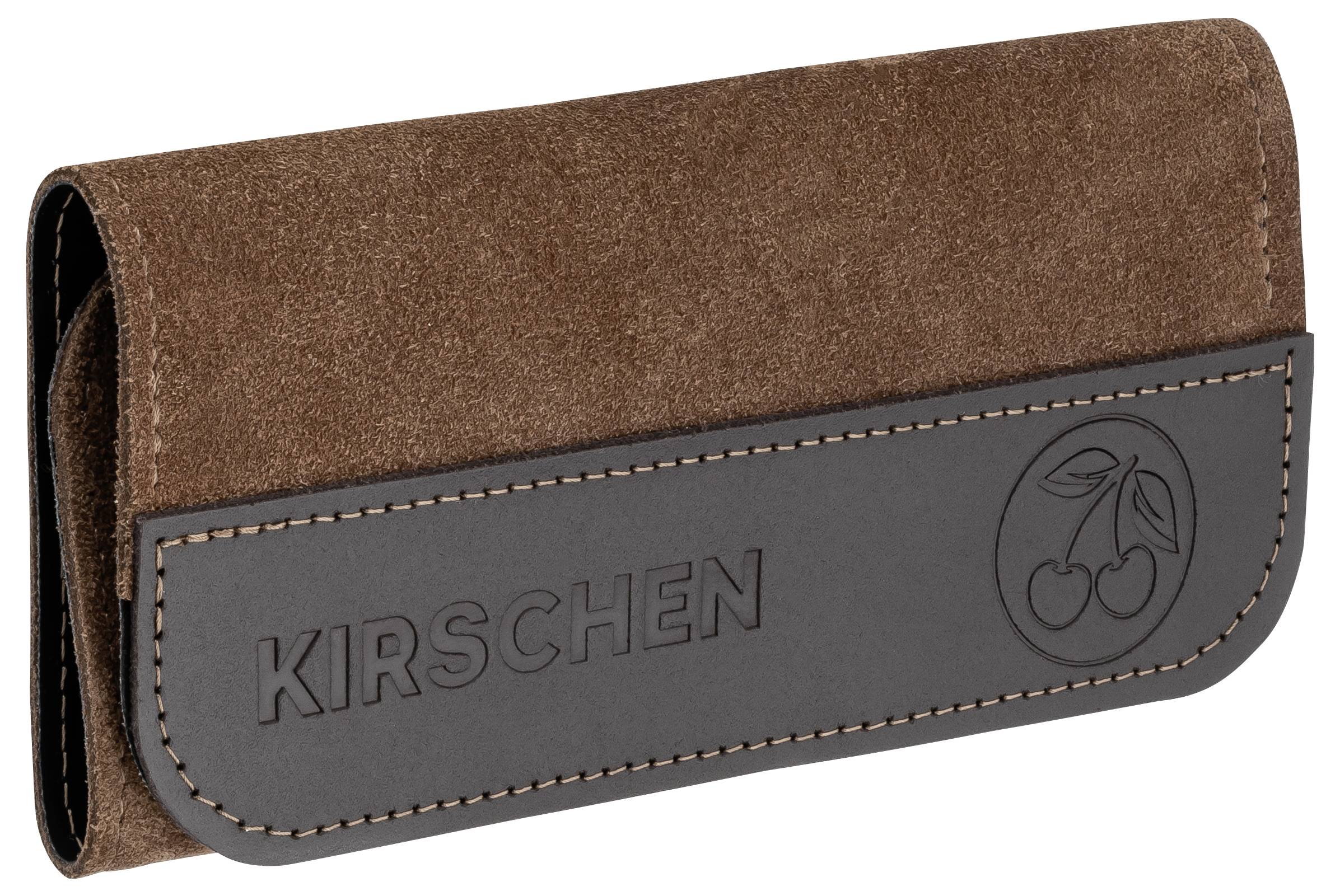 Brown suede eyeglass case with 'Kirschen' embossed on a leather patch and a cherry logo.