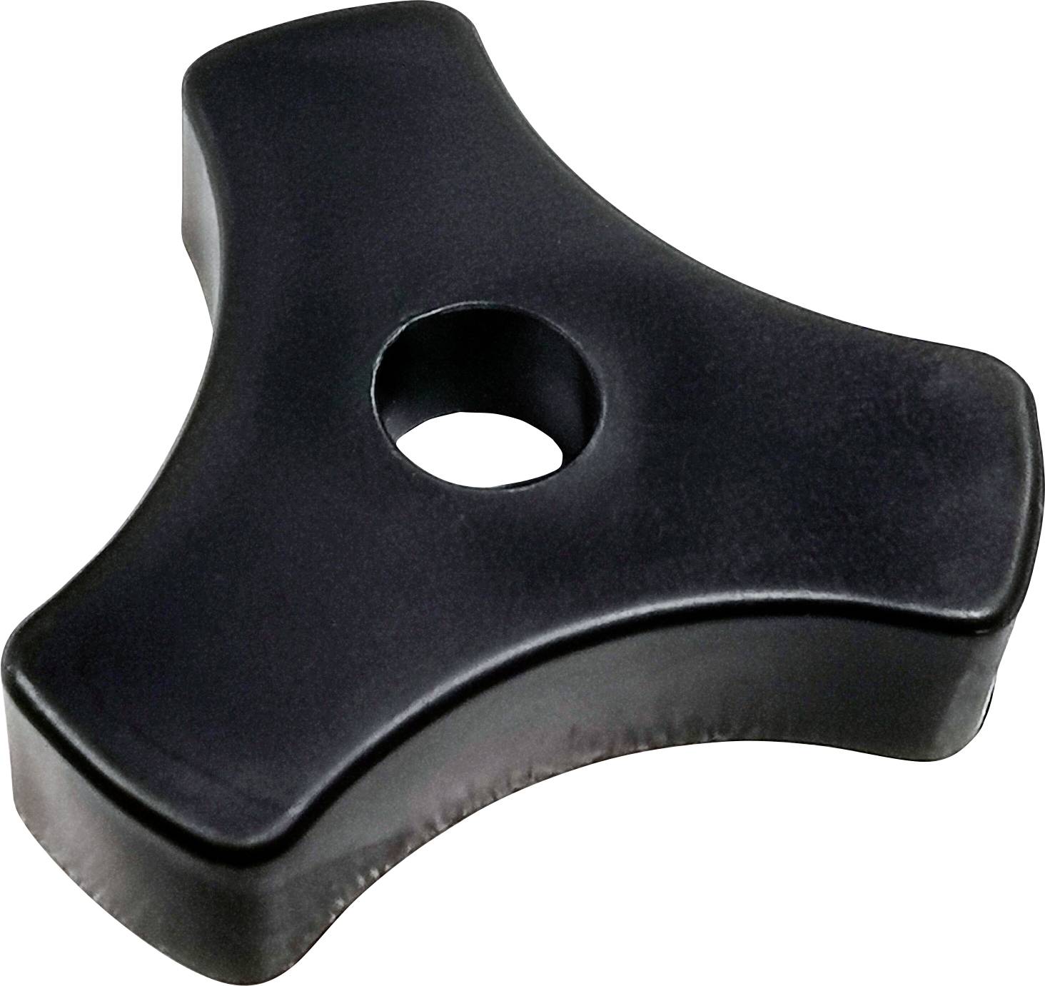 Un bouton noir en plastique à trois branches avec un trou central, généralement utilisé pour serrer ou ajuster des composants de machines ou d'équipements.