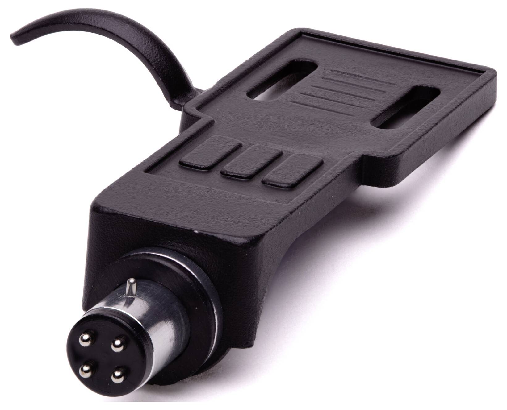 Une prise audio noire à quatre broches avec une poignée, utilisée pour connecter ou sécuriser du matériel audio.