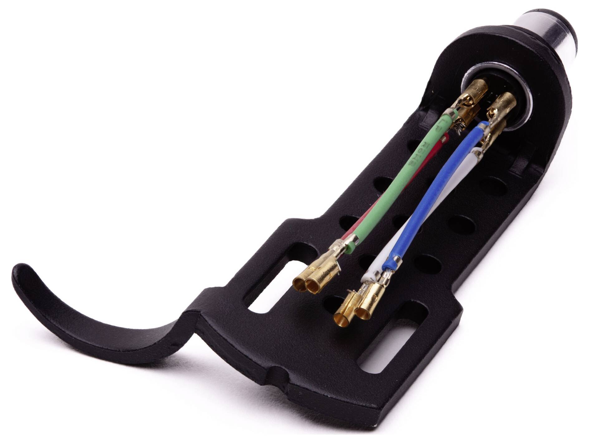 Un chariot de bras de lecture noir avec des fils rouge, vert, bleu et blanc apparents, connectés à des connecteurs plaqués or.