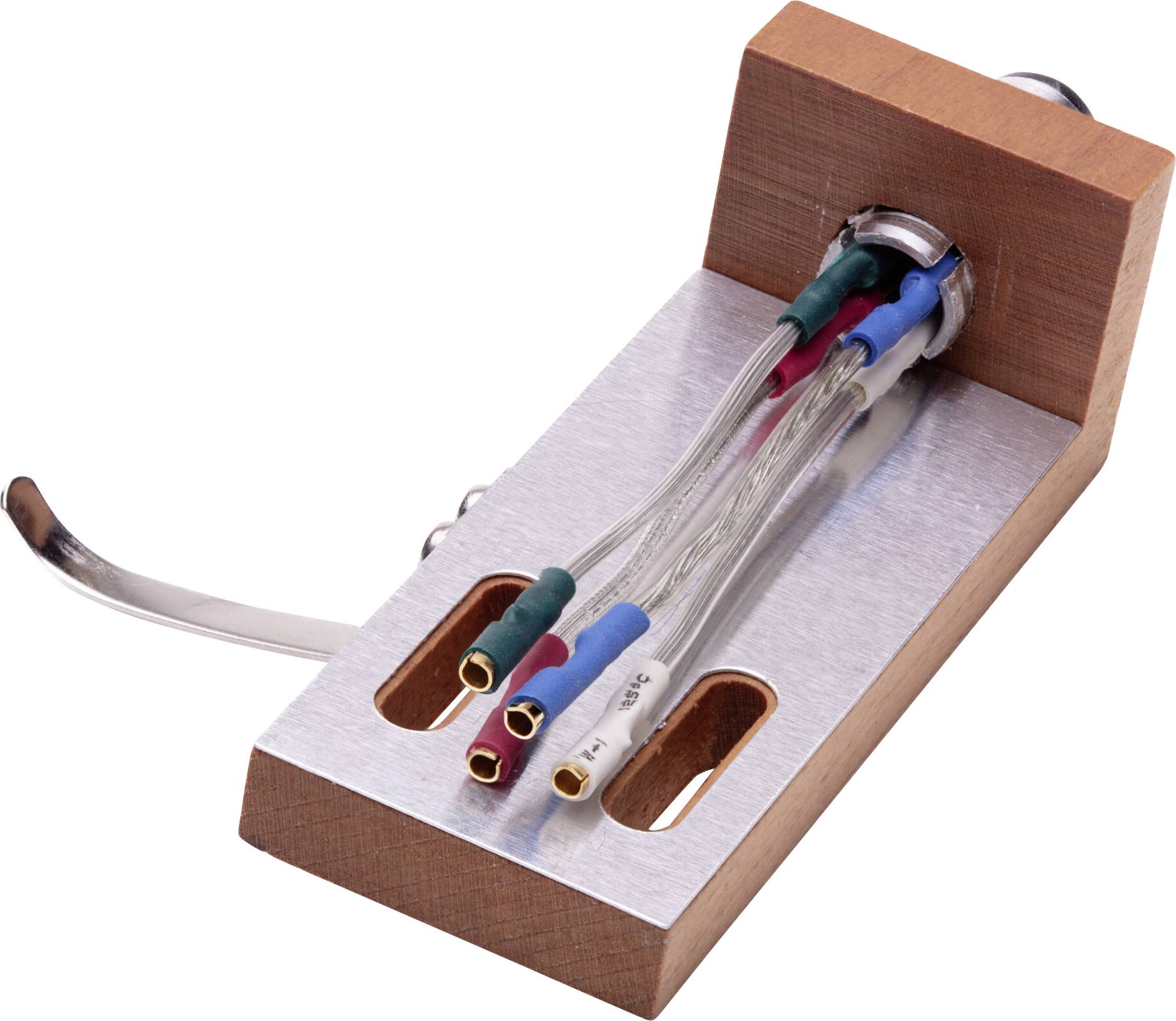 Un porte-cellule métallique et en bois d'une platine tourne-disque, montrant les connexions de fils pour les signaux audio, utilisé pour fixer une cellule de lecture au bras de lecture.