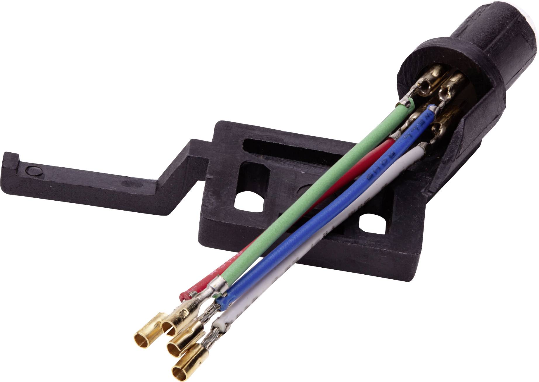 Une image en gros plan d'un connecteur avec plusieurs fils de couleurs différentes s'étendant à partir d'un boîtier en plastique noir, chacun se terminant par une borne dorée.