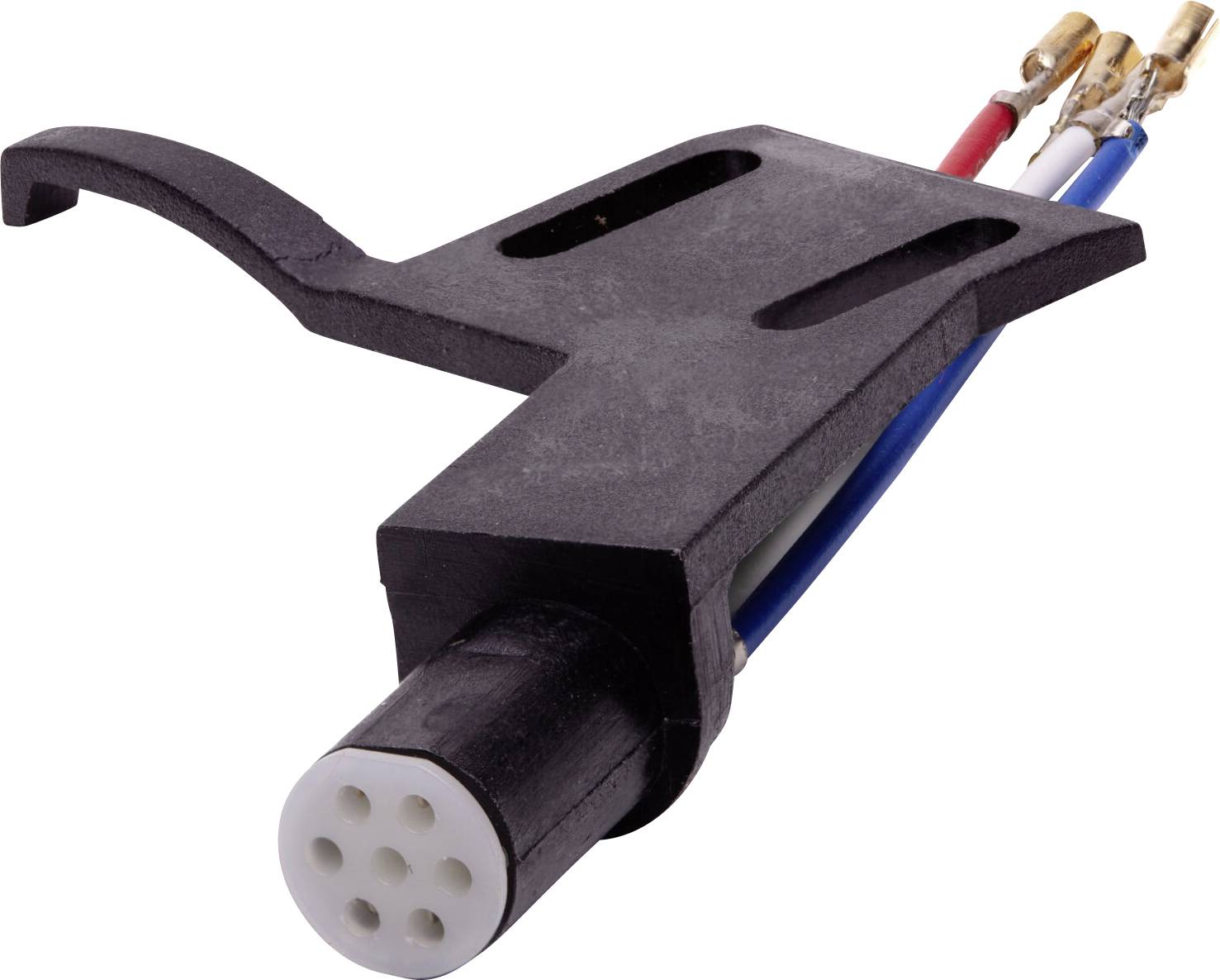 Un connecteur de câblage automobile en plastique noir avec plusieurs broches et fils de différentes couleurs, probablement destiné aux systèmes électriques des véhicules.