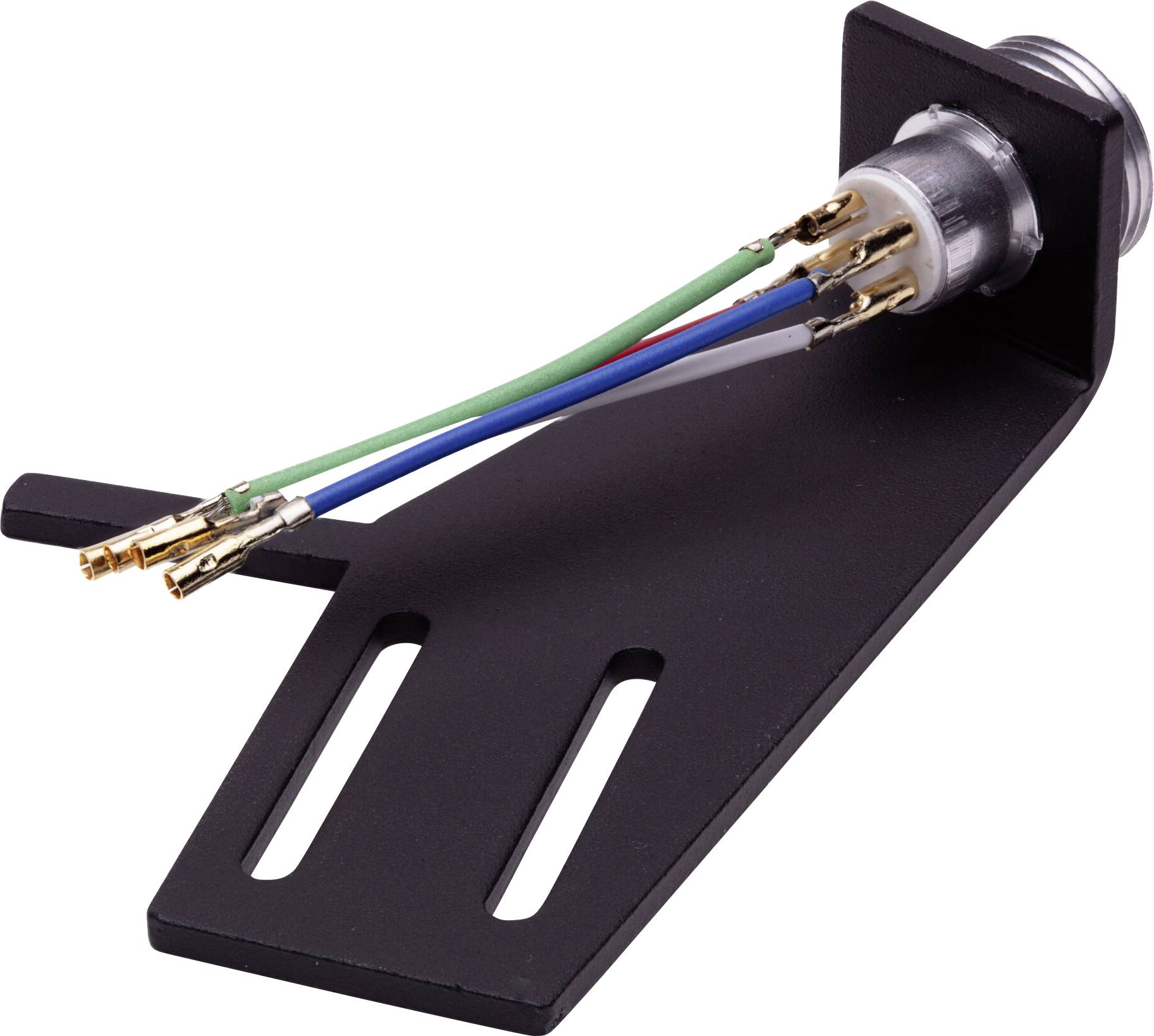 Un support métallique avec un connecteur cylindrique, présentant des fils verts, bleus et blancs s'étendant d'une extrémité, disposé en angle sur une surface plane.