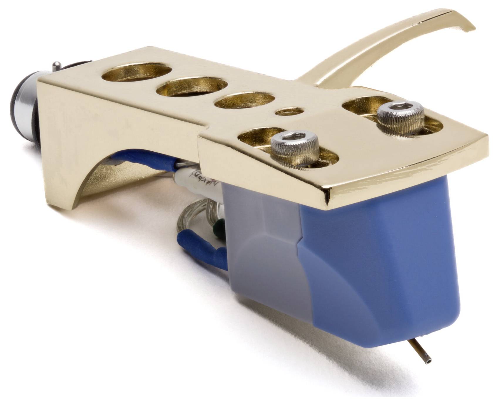 Un gros plan d'une cellule de tourne-disque montrant un porte-pointe de couleur dorée avec un corps de cellule bleu, mettant en valeur ses différents composants.