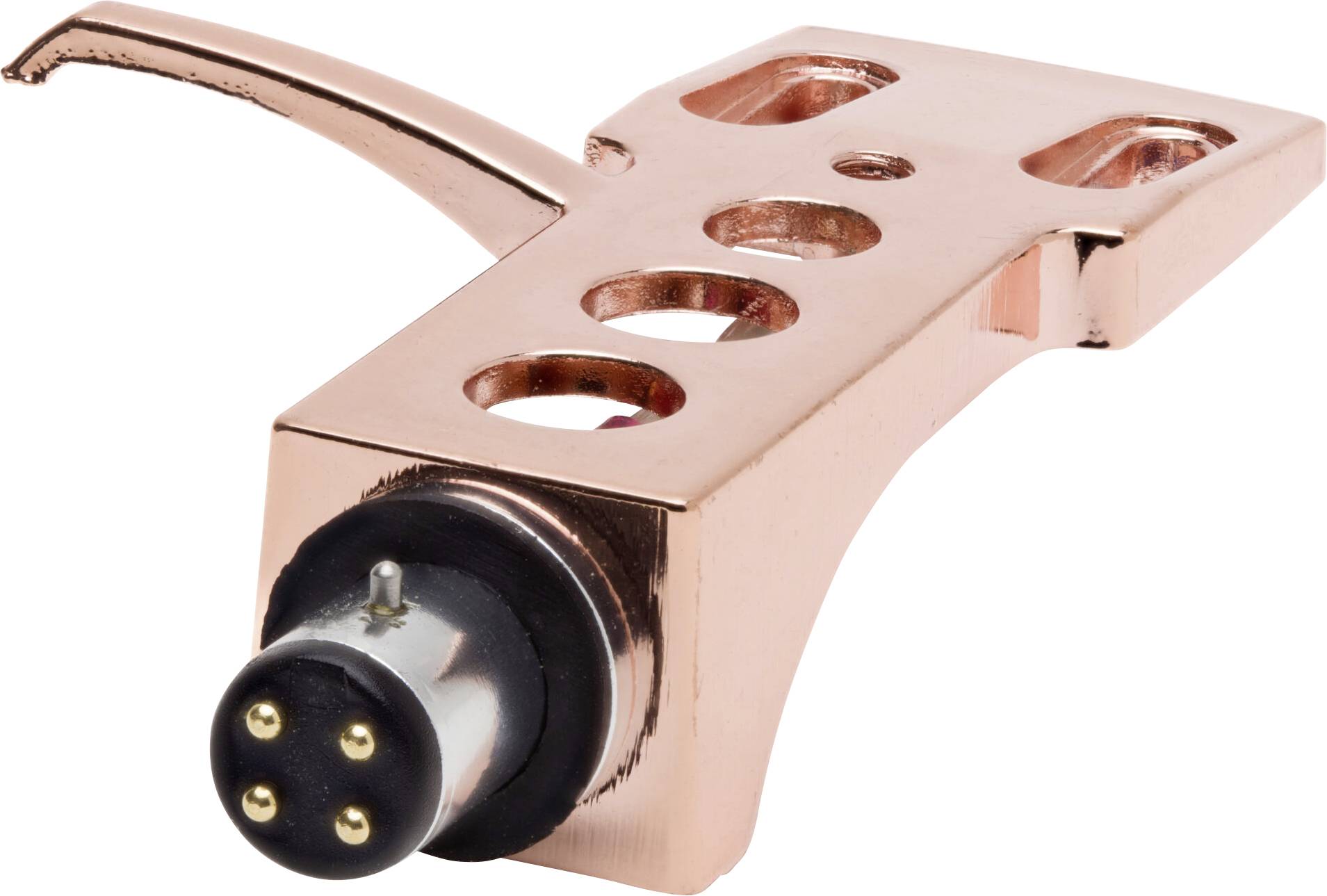 Gros plan sur un coquillage de bras de lecture en ton cuivré avec des trous de montage et un port de connexion pour se fixer à une platine vinyle.