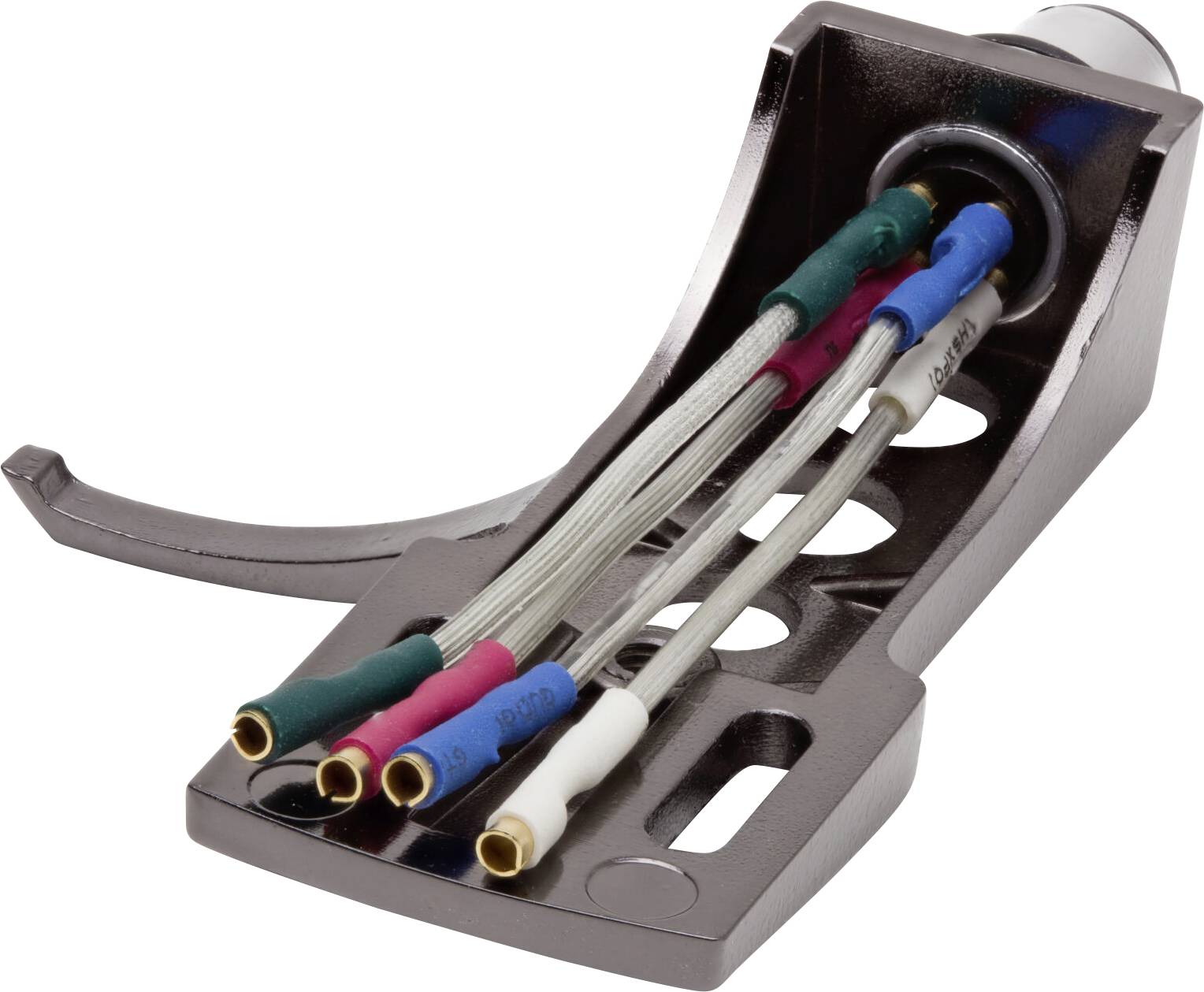 Un shell de bras de lecture en argent doté de quatre fils colorés : blanc, bleu, rouge et vert, utilisé pour connecter une cellule phono à une platine vinyle.