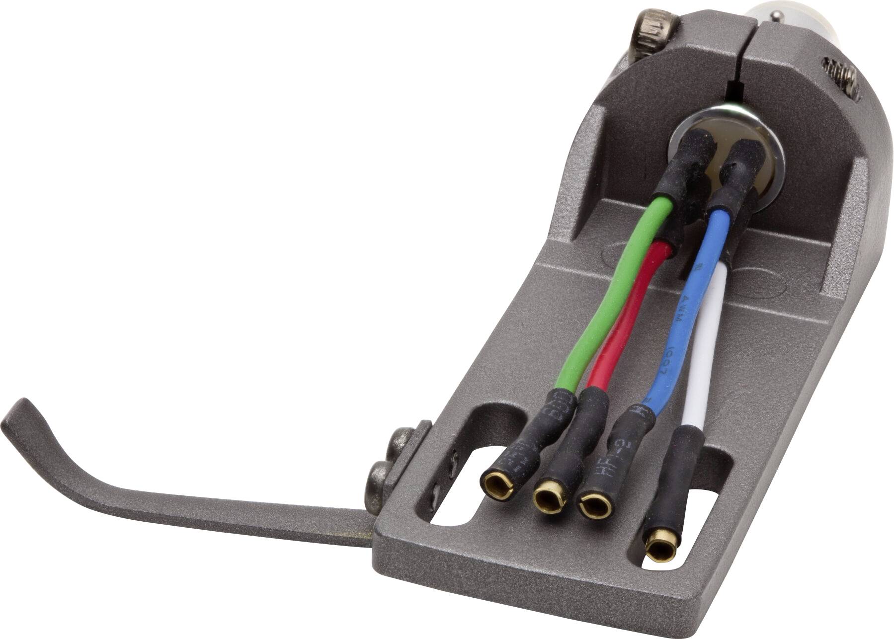 Un système de fixation de cellule avec quatre fils de couleurs, généralement utilisé pour connecter une cellule de lecture à un bras de pick-up de platine tourne-disque pour la lecture audio.