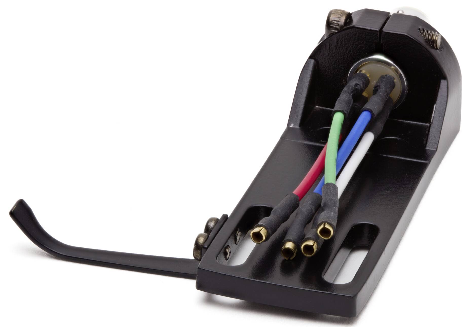 Un socle de cellule de platine vinyle noir avec des fils rouges, verts, bleus et blancs apparents, conçu pour connecter des cellules audio au bras de lecture d'une platine.