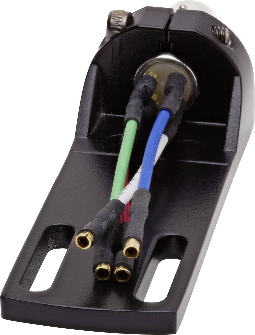 Un gros plan d'un support métallique maintenant quatre fils de couleur (rouge, vert, bleu et blanc) raccordés à un connecteur circulaire.