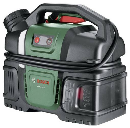 Un aspirateur portable Bosch vert et noir avec une poignée sur le dessus, montrant des boutons et un cordon attaché, conçu pour un transport facile.