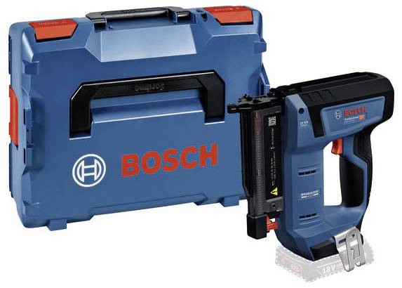 Un cloueur Bosch noir et bleu avec un étui de transport est présenté. L'outil est alimenté par batterie, soulignant sa portabilité et son efficacité.