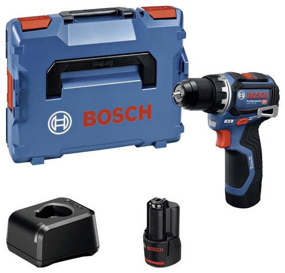 Un ensemble de perceuse sans fil Bosch avec un coffret de transport bleu, une batterie et un chargeur, présentant un design compact pour une manipulation et un rangement faciles.