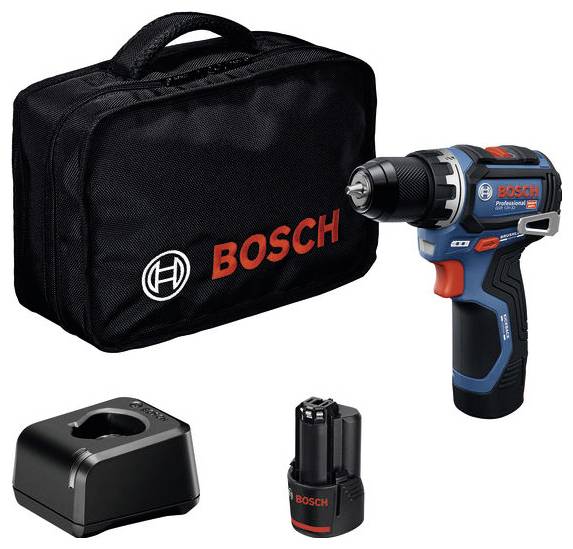 Ensemble de perceuse sans fil avec un sac Bosch, un chargeur, une batterie et une perceuse bleu-noir avec des accents rouges. Logo Bosch visible sur tous les articles.