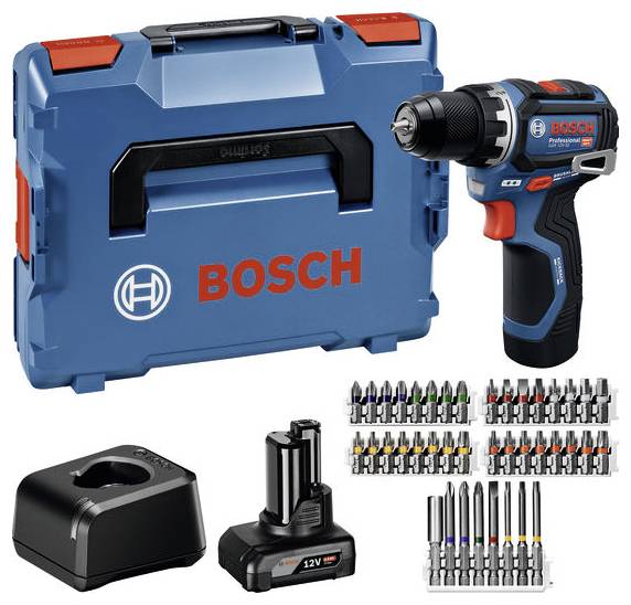 Un ensemble de perceuse sans fil Bosch comprenant une perceuse, deux batteries, un chargeur, divers forets et un coffret de transport.